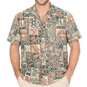 RJC Men's Hawaiian Aloha Shirt Tribal Pattern Green Tans Coconut Buttons Medium
